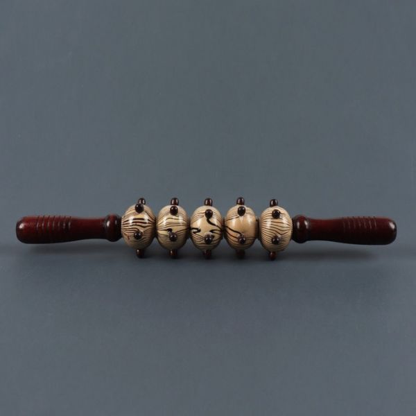 Массажёр «Скалка», универсальный, 36,5 х 5,8 см, 5 шаров с шипами, деревянный