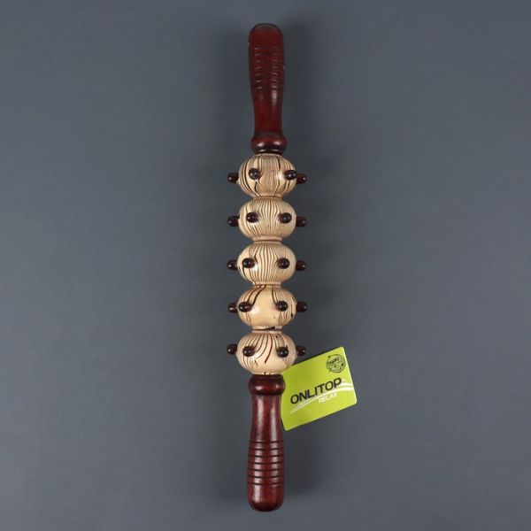 Массажёр «Скалка», универсальный, 36,5 х 5,8 см, 5 шаров с шипами, деревянный
