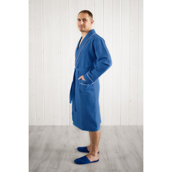 Халат мужской, шалька+кант, размер 58, цвет синий, вафля