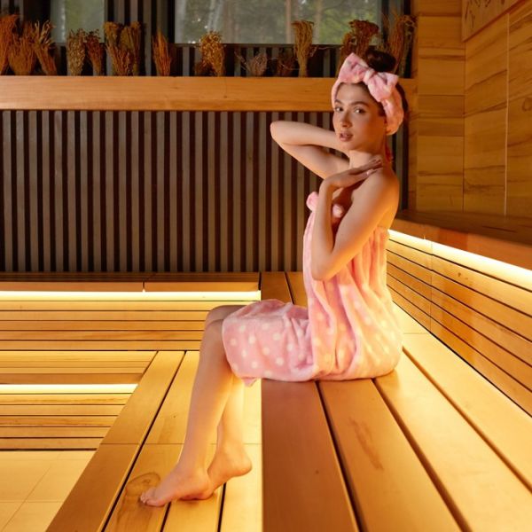 Набор для бани и ванной Этель "Горох" полотенце-парео 75*120 см+повязка, цв.розовый