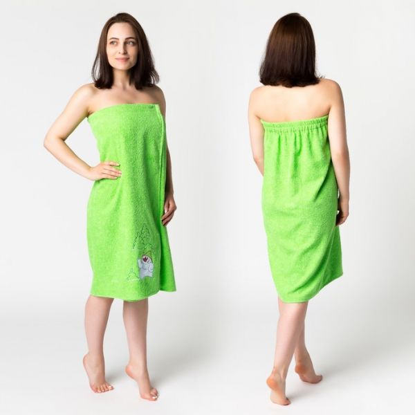 Килт женский для бани и сауны, цвет зелёный вышивка Снеговик, размер 80х150±2 см, махра 300г/м 100% хлопок