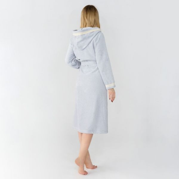 Халат махровый с кружевом Этель женский удлинённый размер 40-42 светло-серый 340 г/м2,100% хлопок