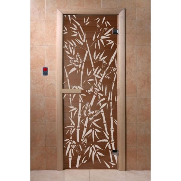Дверь «Бамбук и бабочки», размер коробки 190 ? 70 см, 6 мм, 2 петли, правая, цвет бронза
