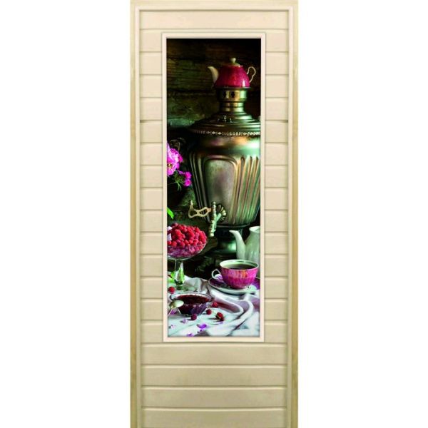 Дверь для бани со стеклом (43*129), "Самовар-2", 170х70см, коробка из осины