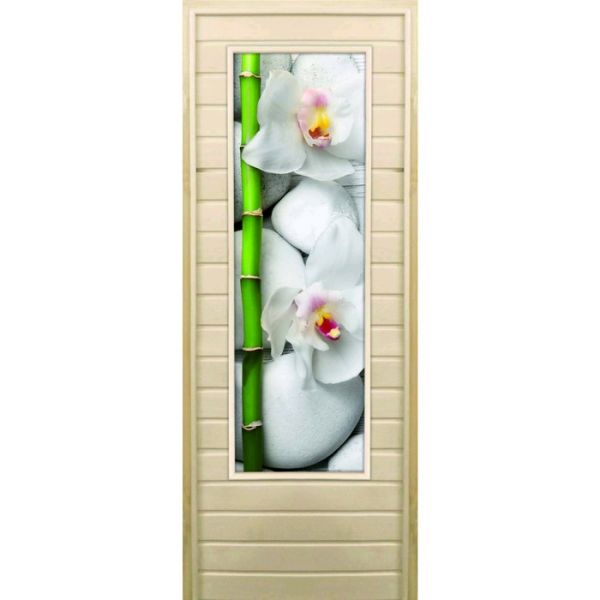 Дверь для бани со стеклом (43*129), "Орхидеи и бамбук", 180?70см, коробка из осины