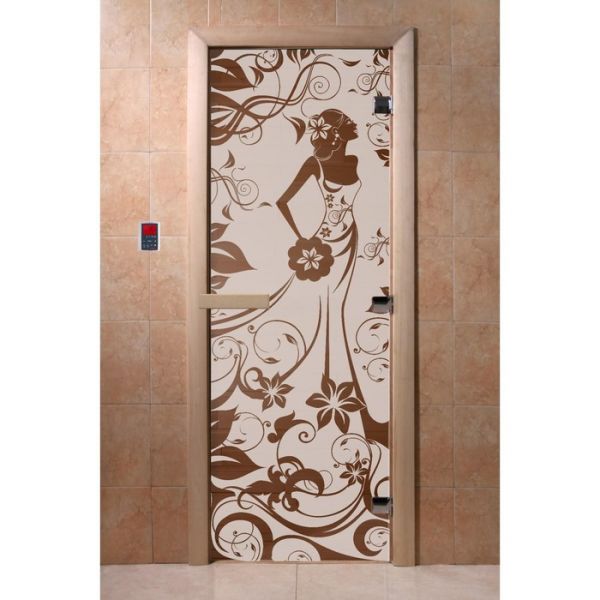 Дверь для бани стеклянная «Девушка в цветах», 190 х 70 см, левая, цвет матовая бронза