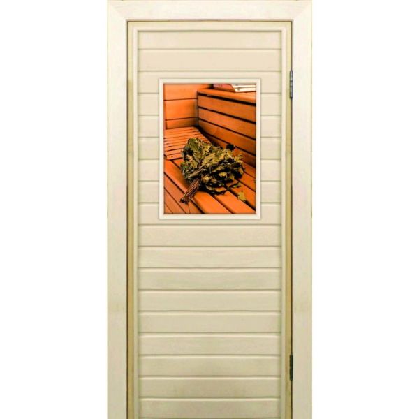Дверь для бани со стеклом (40*60), "Веник на полке", 170х70см, коробка из осины