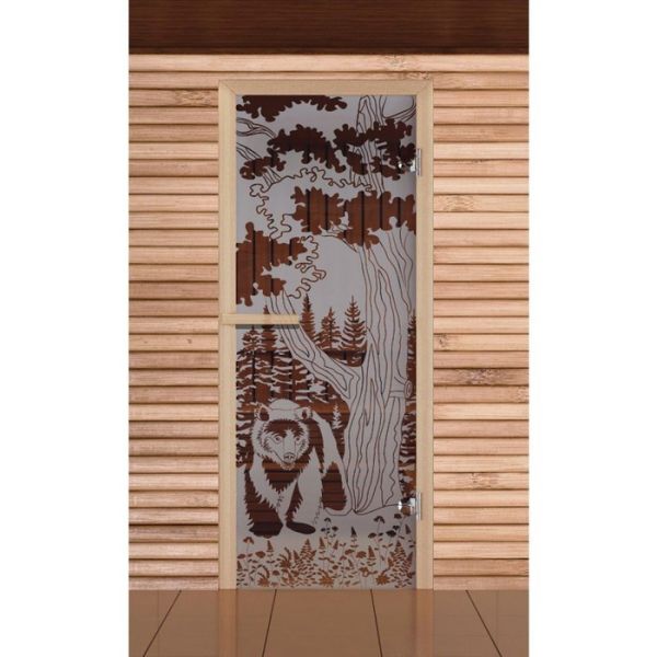 Дверь для бани и сауны стеклянная "Мишка в лесу", 190х67, 6мм