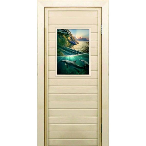 Дверь для бани со стеклом (40*60), "Дельфины", 170х70см, коробка из осины