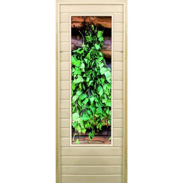 Дверь для бани со стеклом (43*129), "Веник для бани", 180х70см, коробка из осины