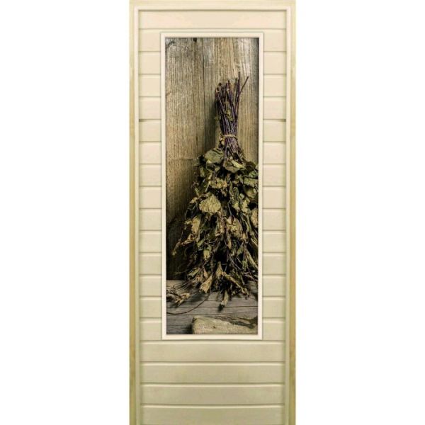 Дверь для бани со стеклом (43*129), "Веник в бане-2", 170х70см, коробка из осины