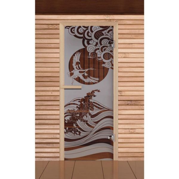 Дверь для бани и сауны "Журавль", сатин, 6мм, УФ-печать, 190х67см, Добропаровъ