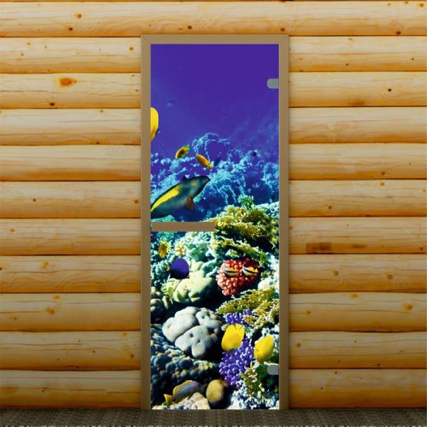 Дверь для бани и сауны "Морское дно", 190 х 67 см, с фотопечатью 6 мм Добропаровъ