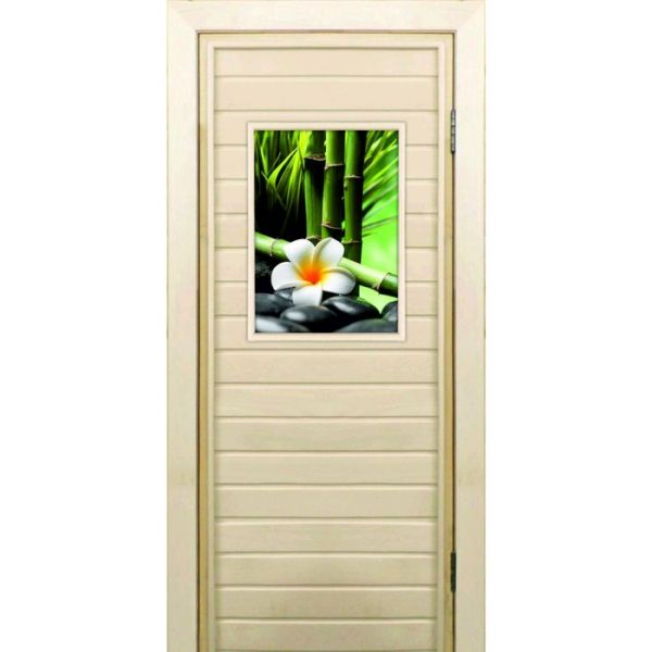 Дверь для бани со стеклом (40*60), "Цветы и бамбук", 170?70см, коробка из осины