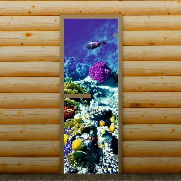Дверь для бани и сауны "Морские обитатели", 190 х 67 см, с фотопечатью 6 мм Добропаровъ