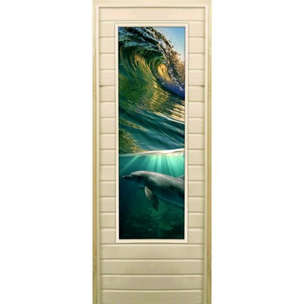 Дверь для бани со стеклом (43*129), "Дельфины", 170х70см, коробка из осины