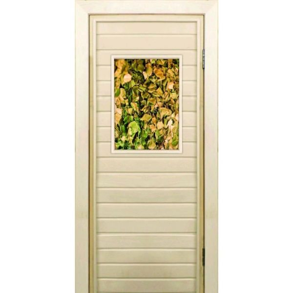 Дверь для бани со стеклом (40*60), "Веники для бани", 170?70см, коробка из осины