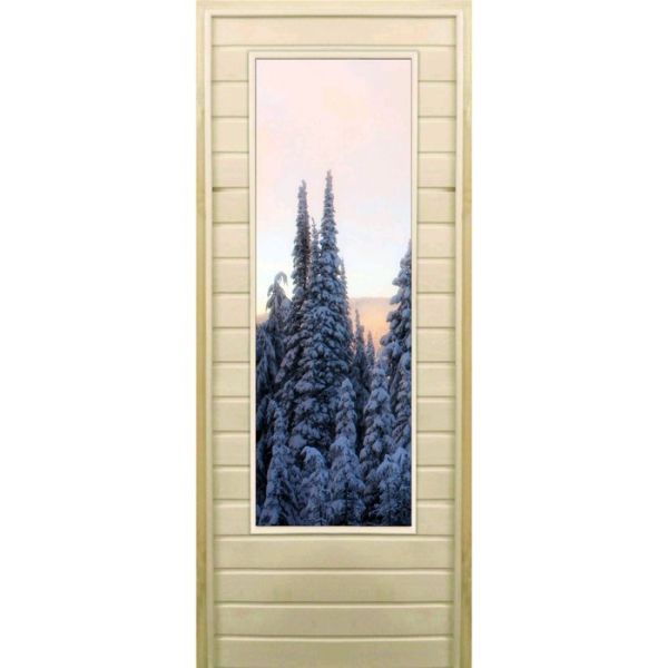 Дверь для бани со стеклом (43*129), "Зимний лес", 170х70см, коробка из осины