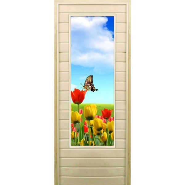 Дверь для бани со стеклом (43*129), "Бабочка", 170?70см, коробка из осины