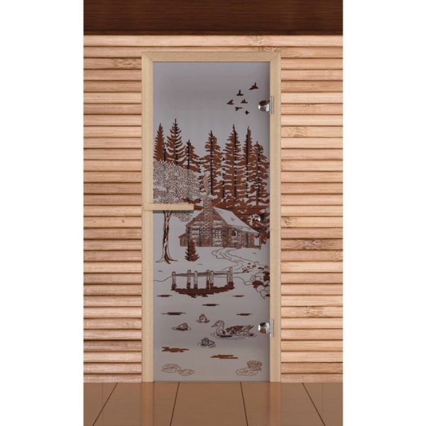 Дверь для бани и сауны "Банька в лесу", сатин, 6мм, УФ-печать, 190х67см. Добропаровъ