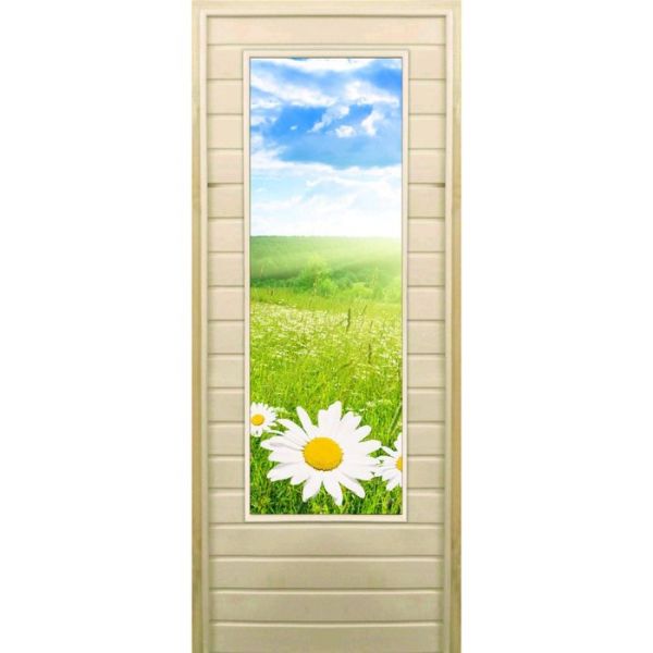 Дверь для бани со стеклом (43*129), "Ромашки", 170?70см, коробка из осины