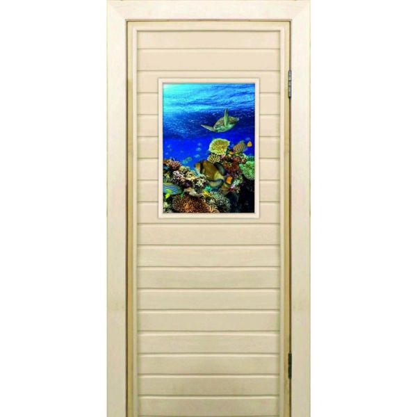 Дверь для бани со стеклом (40*60), "Морской мир", 170х70см, коробка из осины