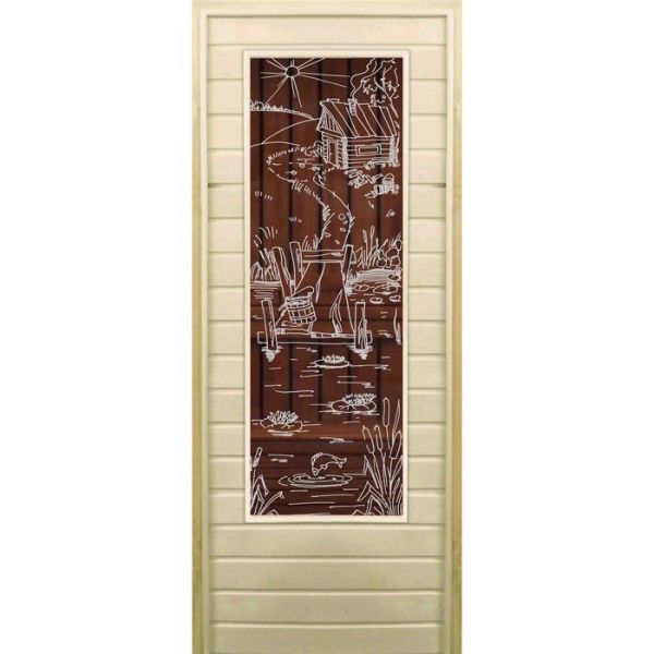 Дверь для бани со стеклом (43*129), "Банька" бронза, 180х70см, коробка из осины