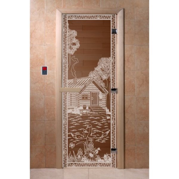 Дверь «Банька в лесу», размер коробки 200 ? 80 см, правая, цвет бронза