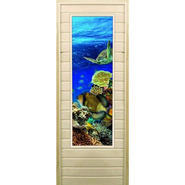 Дверь для бани со стеклом (43*129), "Морской мир", 170х70см, коробка из осины