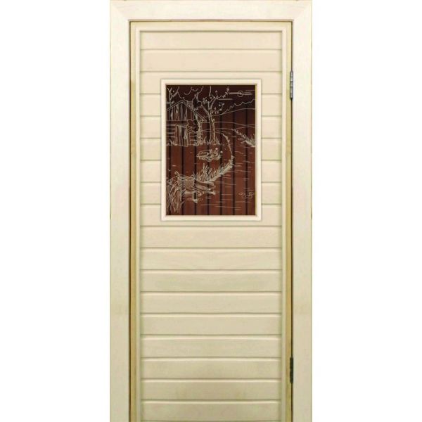 Дверь для бани со стеклом (40*60), "Банька у реки-1", бронза, 170х70см, коробка из осины