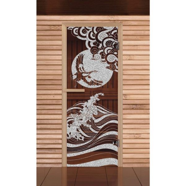 Дверь для бани и сауны "Журавль", бронза, 6мм, УФ-печать, 190х67см, Добропаровъ