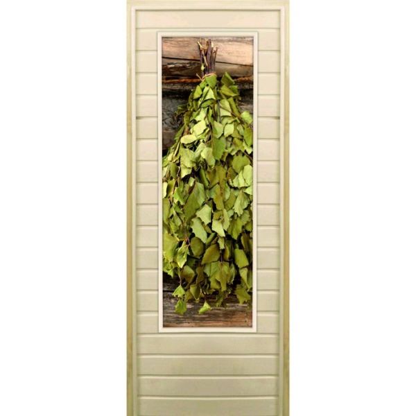 Дверь для бани со стеклом (43*129), "Веник в бане-1", 170х70см, коробка из осины