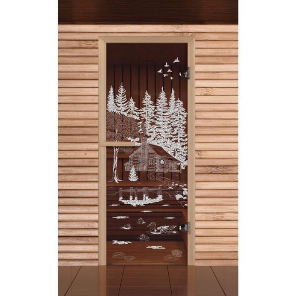 Дверь для бани и сауны "Банька в лесу", бронза, 6мм, УФ-печать, 190х67см, Добропаровъ