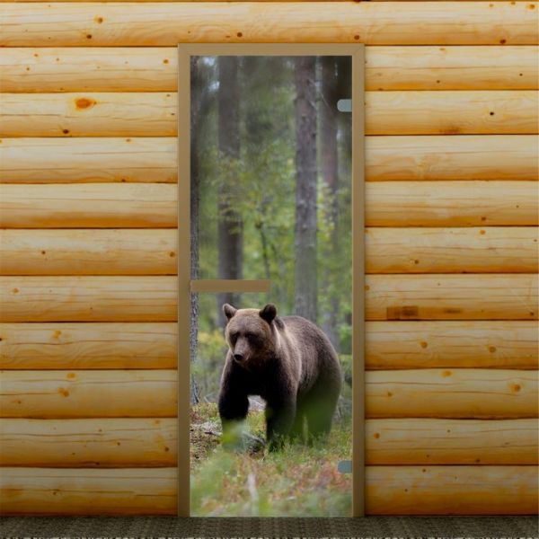 Дверь для бани и сауны "Мишка в лесу", 190 х 67 см, с фотопечатью 6 мм Добропаровъ