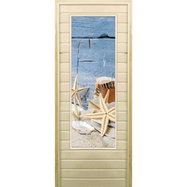 Дверь для бани со стеклом (43*129), "Ракушки", 170х70см, коробка из осины