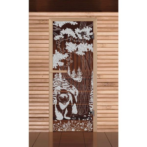 Дверь для бани и сауны "Мишка в лесу", бронза, 6мм, УФ-печать, 190х67см, Добропаровъ