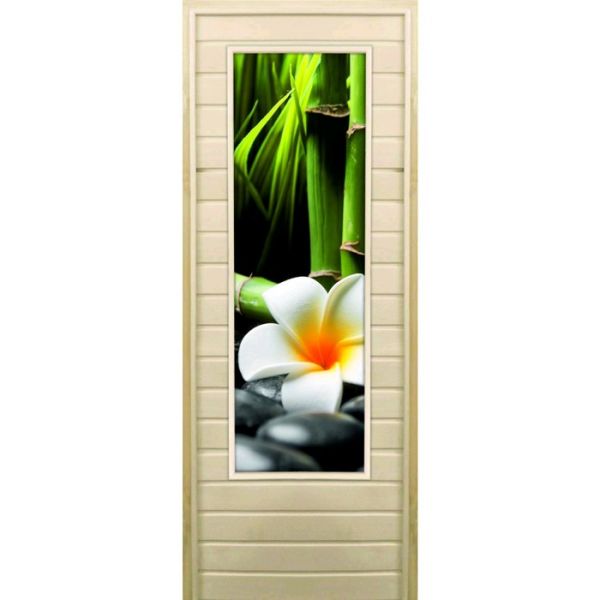 Дверь для бани со стеклом (43*129), "Цветы и бамбук", 190х70см, коробка из осины