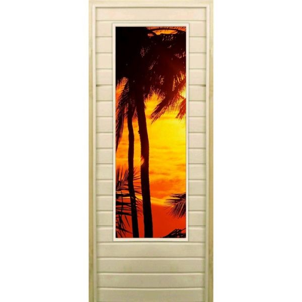 Дверь для бани со стеклом (43*129), "Пальмы-2", 170?70см, коробка из осины