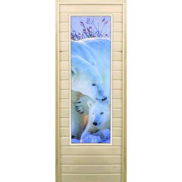 Дверь для бани со стеклом (43*129), "Белые медведи", 170?70см, коробка из осины