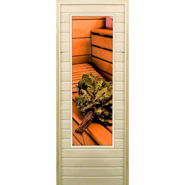 Дверь для бани со стеклом (43*129), "Веник на полке", 190х70см, коробка из осины