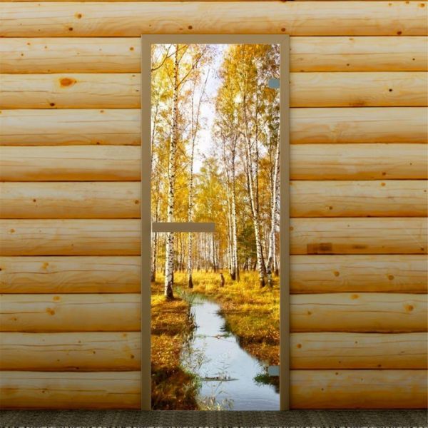 Дверь для бани и сауны "Осень в лесу", 190 х 67 см, с фотопечатью 6 мм Добропаровъ