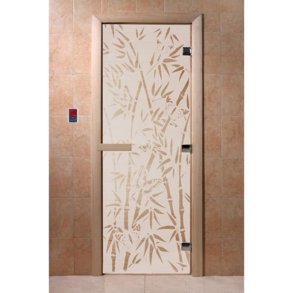Дверь стеклянная «Бамбук и бабочки», размер коробки 190 ? 70 см, 8 мм, сатин