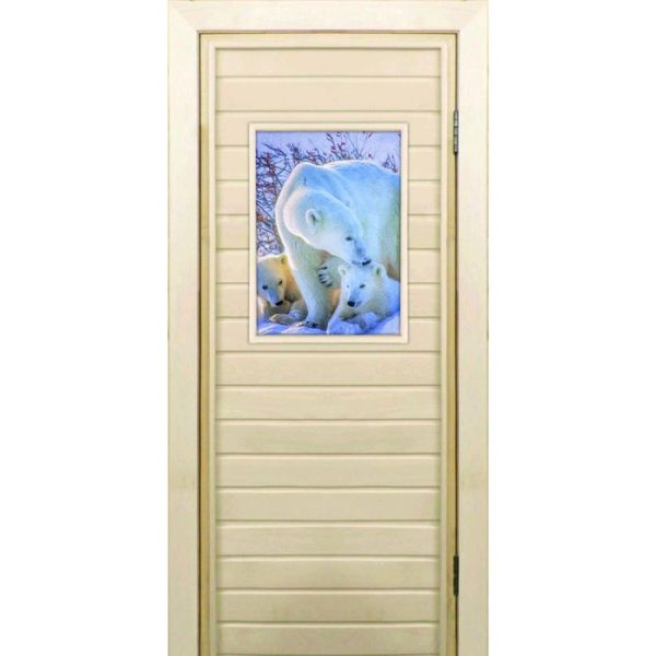 Дверь для бани со стеклом (40*60), "Белые медведи", 170х70см, коробка из осины