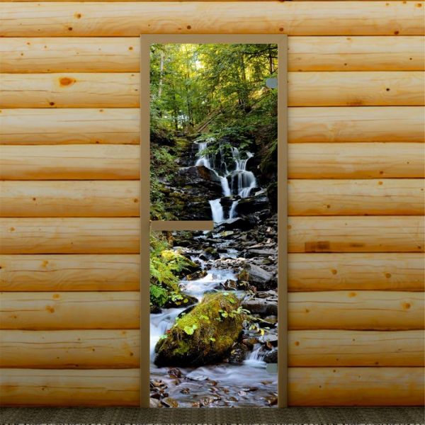 Дверь для бани и сауны "Горный ручей", 190 х 67 см, с фотопечатью 6 мм Добропаровъ