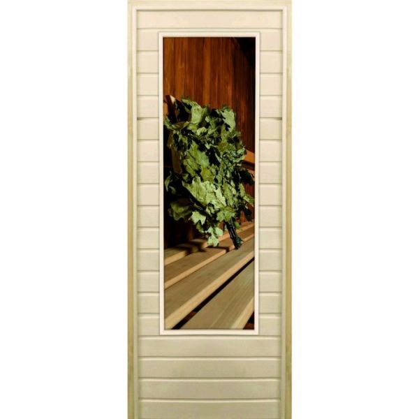 Дверь для бани со стеклом (43*129), "Веник в бане-3", 170х70см, коробка из осины