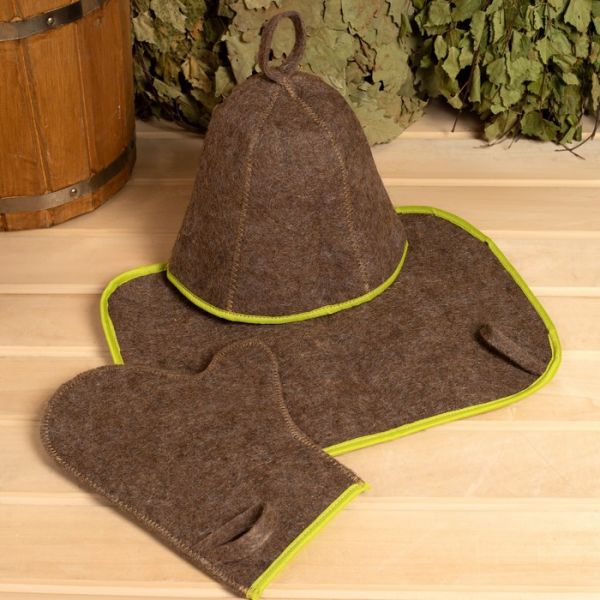 Набор для бани 3 предмета (коврик, шапка, рукавица) с цветной окантовкой МИКС