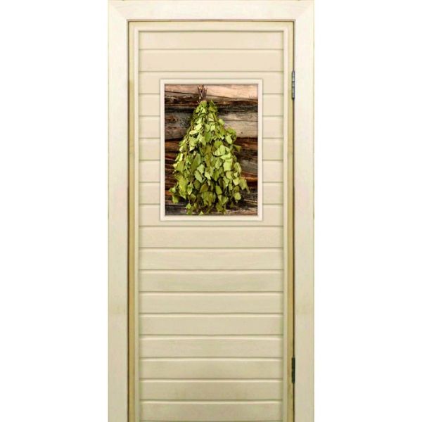 Дверь для бани со стеклом (40*60), "Веник в бане-1", 170?70см, коробка из осины