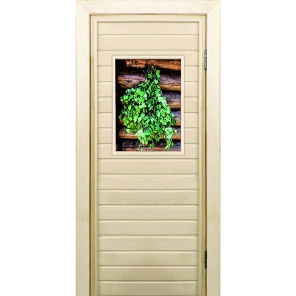 Дверь для бани со стеклом (40*60), "Веник для бани", 170?70см, коробка из осины