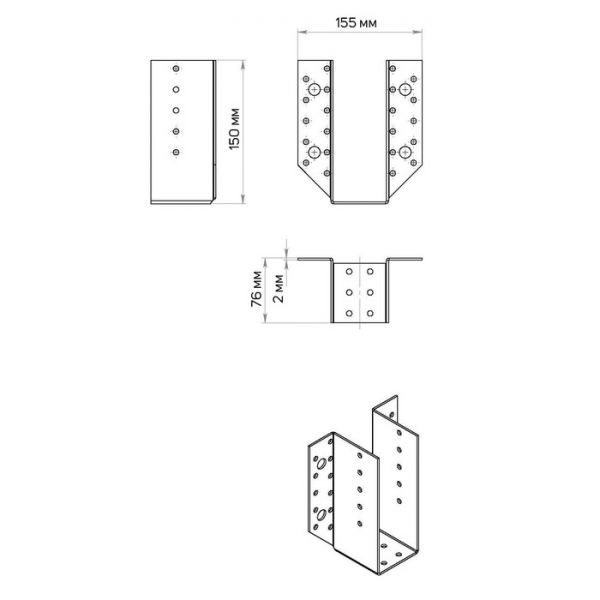 Опора бруса  76х155 OBR R, открытая, цинк, 1 шт.