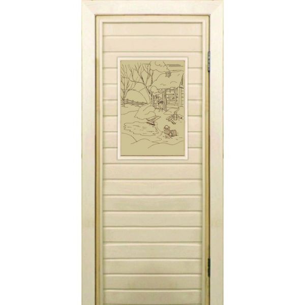 Дверь для бани со стеклом (40*60), "Банька у реки-2", сатин, 170?70см, коробка из осины